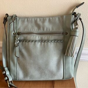 Woman’s boho sage green cross body purse w/braiding stitching tassel detail